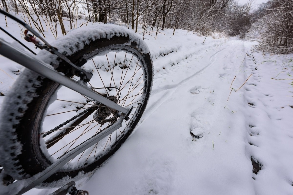 Bike wheel on snowy road