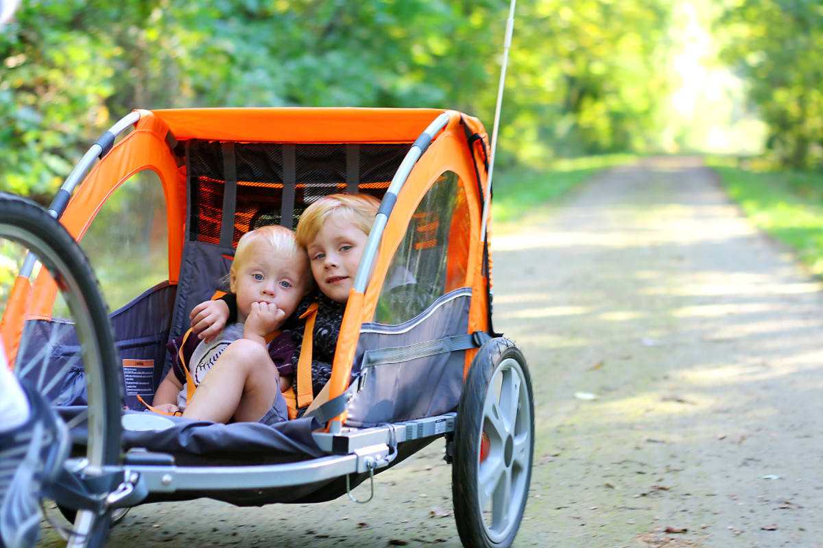 Children in a bike trailer