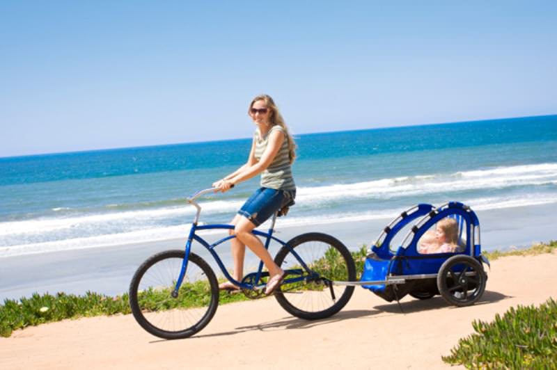 Family bicycle ride along the beach