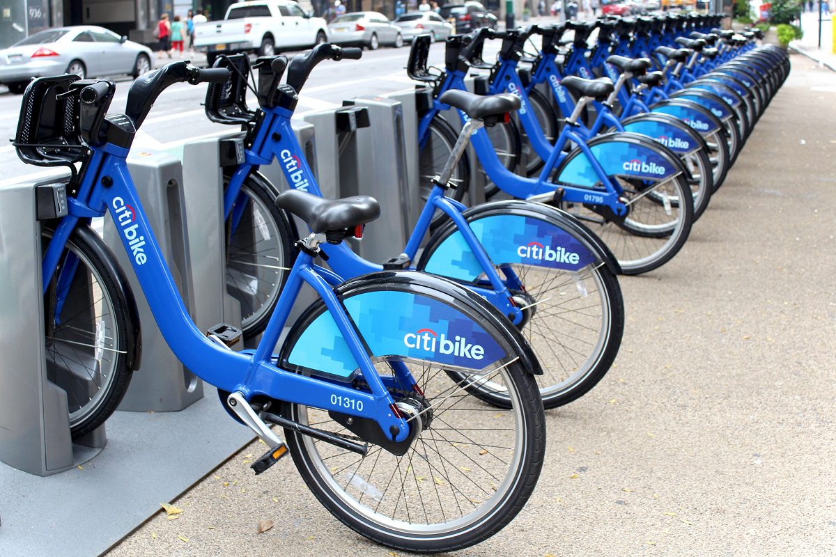 City bikes doked at station