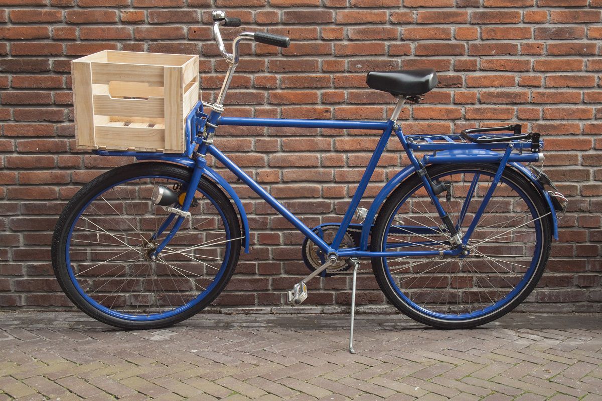 Blue cargo bike with wooden crate