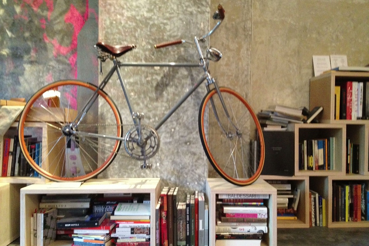 A decorated living space with bicycle