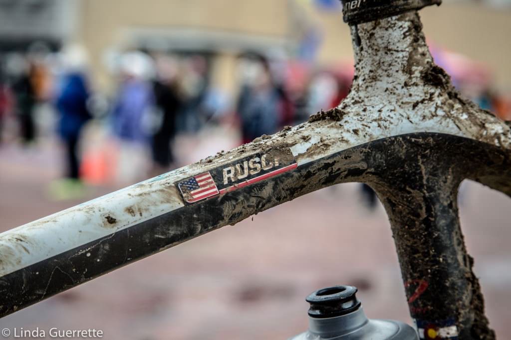 Muddy bike with name tag