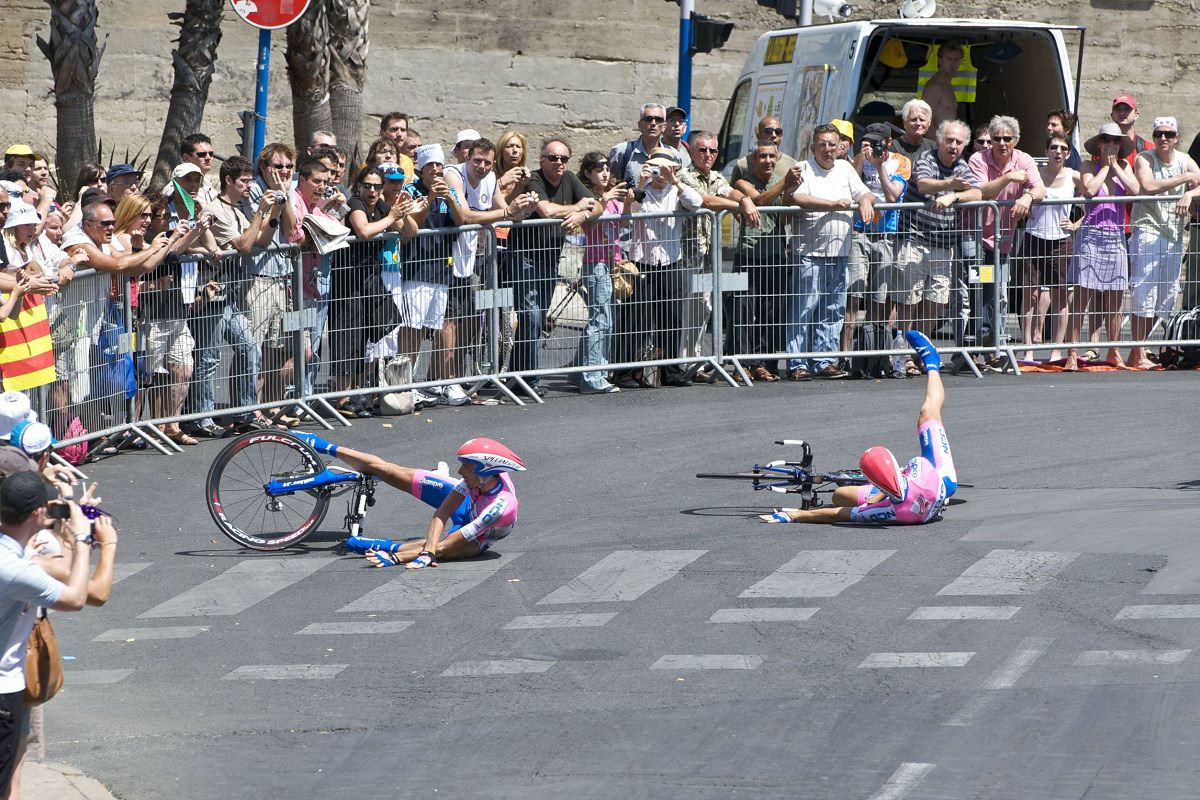 Road bikers crash in a race