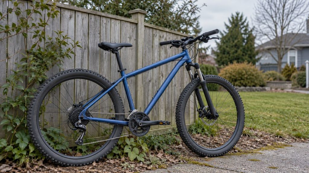 A blue mountain bike leans against a wooden fence in a suburban yard.