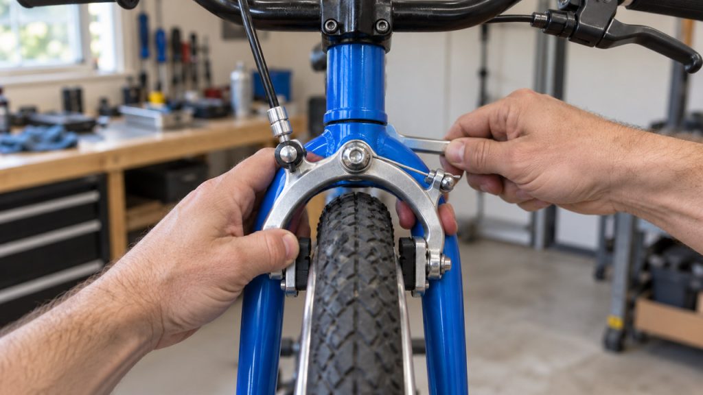 Hands center a silver front caliper brake over a blue bicycle's front wheel while holding a wrench behind the fork crown.