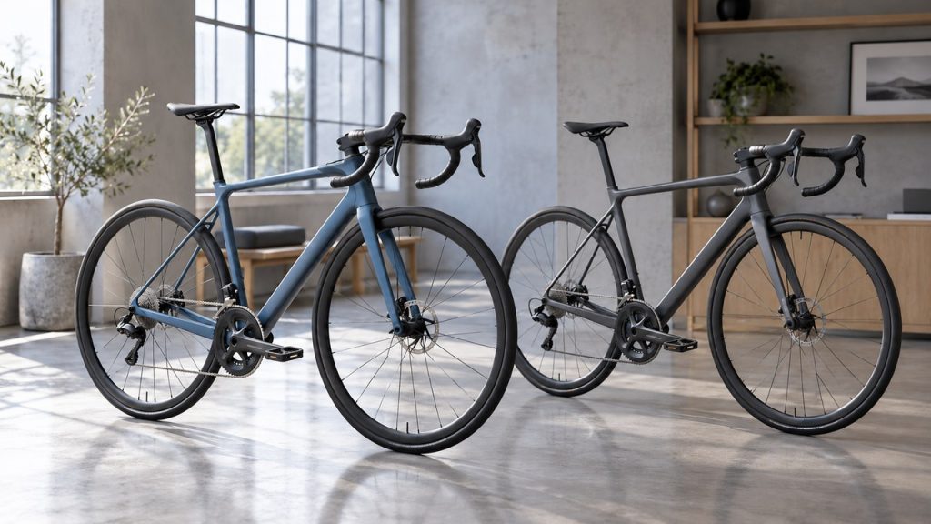 Two unbranded road bikes stand side by side in a bright showroom.