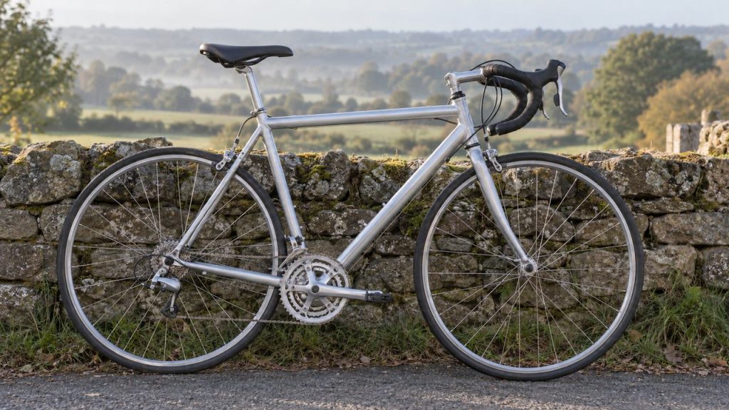 A silver aluminum road bike with drop handlebars and rim brakes leans against a stone wall beside a quiet country road in morning light.