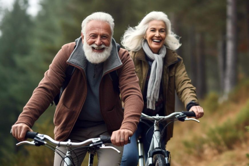 Happy Older Couple Biking