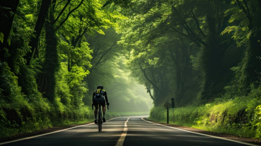 Cyclist Rides On A Highway Surrounded By Forest