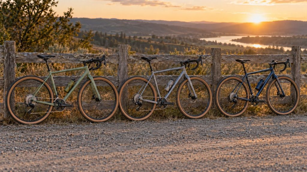 Three budget aluminum gravel bikes in green, grey and blue leaning on a wooden fence beside a gravel road at sunset, with tan-wall knobby tires.
