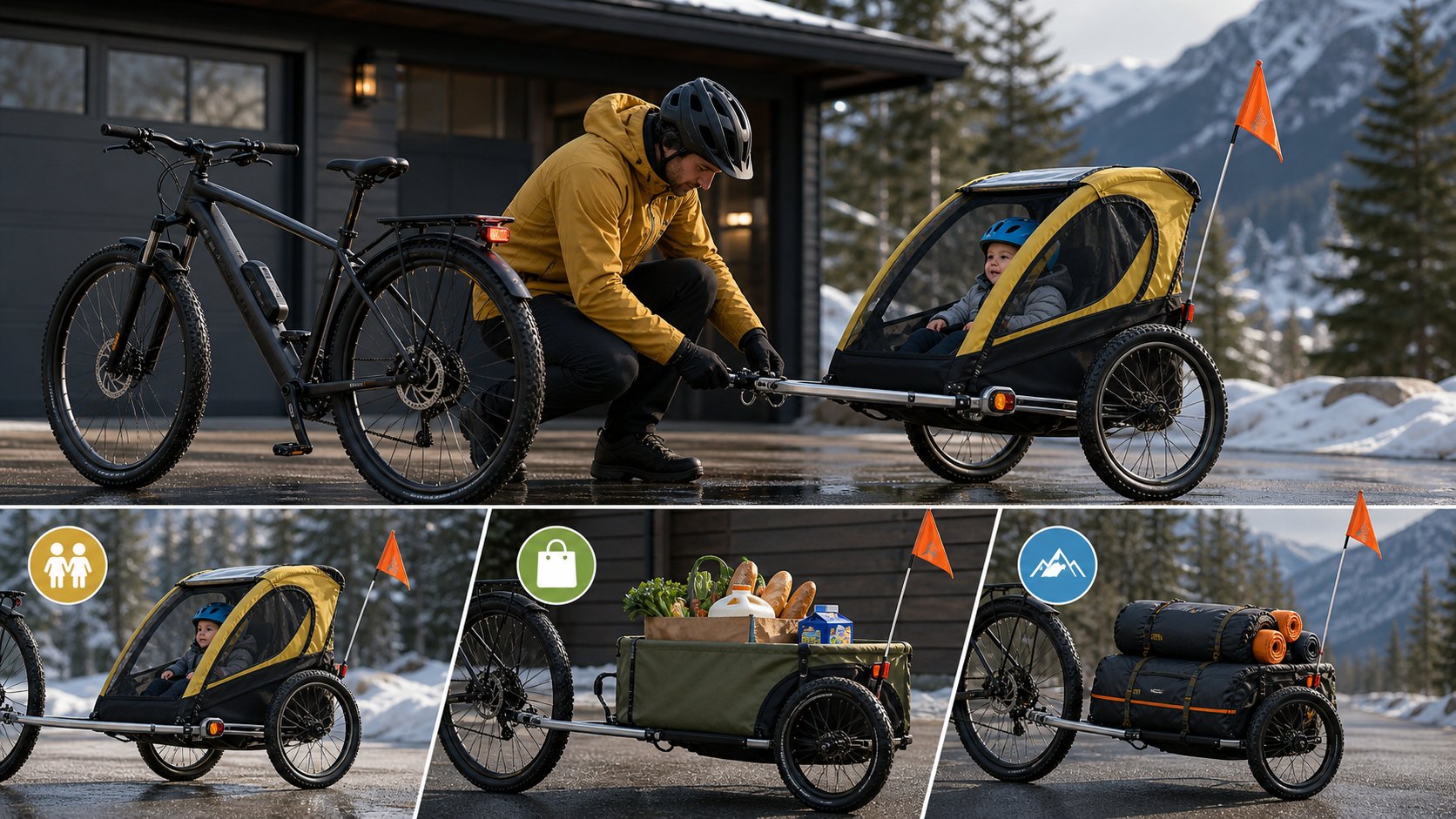 Cyclist checking a bicycle trailer setup with child, cargo, and touring trailer use cases.