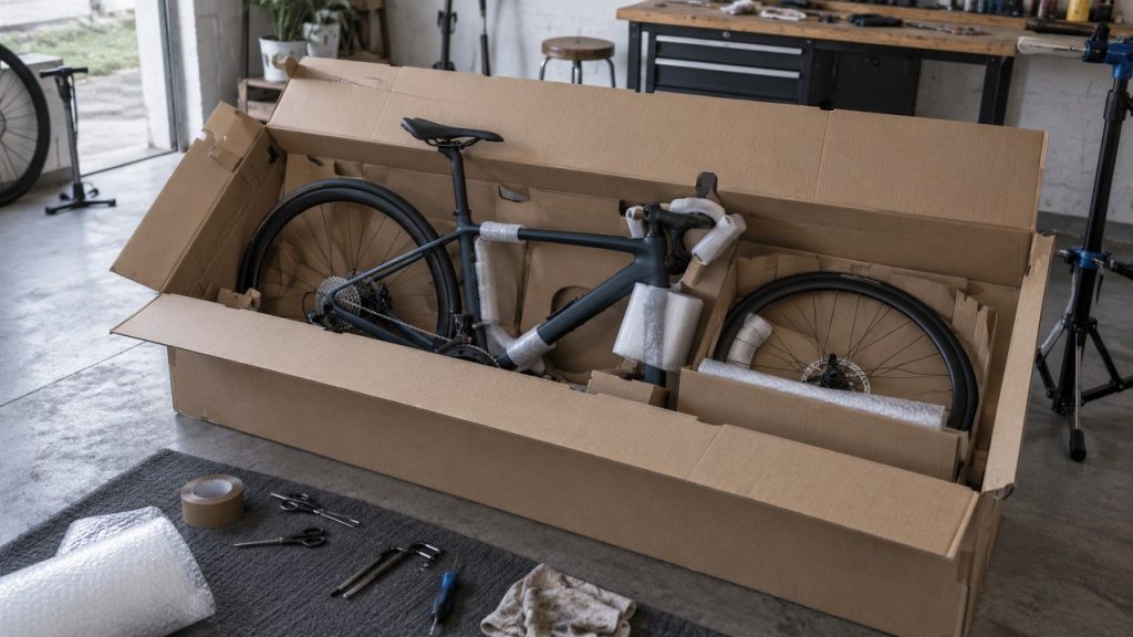 A road bike is partly packed in an open cardboard box on a workshop floor with tape and tools nearby.