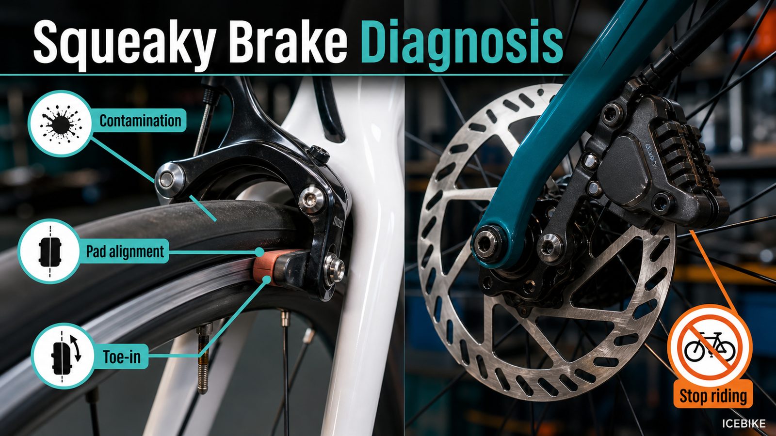 Bike brake squeak diagnosis visual comparing contamination, pad alignment, toe-in, and weak braking safety risk.
