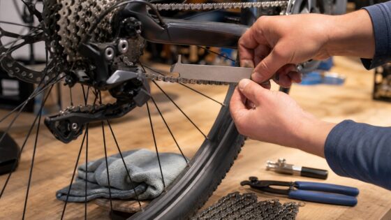 Chain wear tool measuring a bicycle chain for replacement.