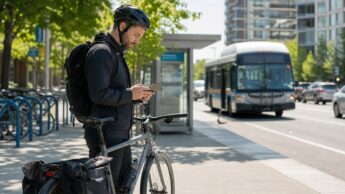 Bike commuter riding through the city with work gear near cars and transit.