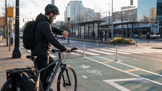 Bike commuter waiting in a city bike lane while planning commute time.