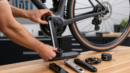 Bicycle crank arm being measured on a repair stand in a workshop.