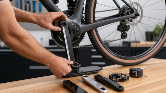 Bicycle crank arm being measured on a repair stand in a workshop.