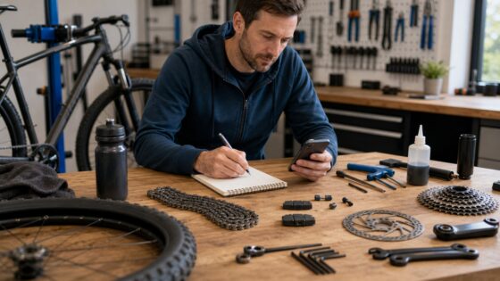 Bike maintenance parts and tools laid out for yearly upkeep planning.