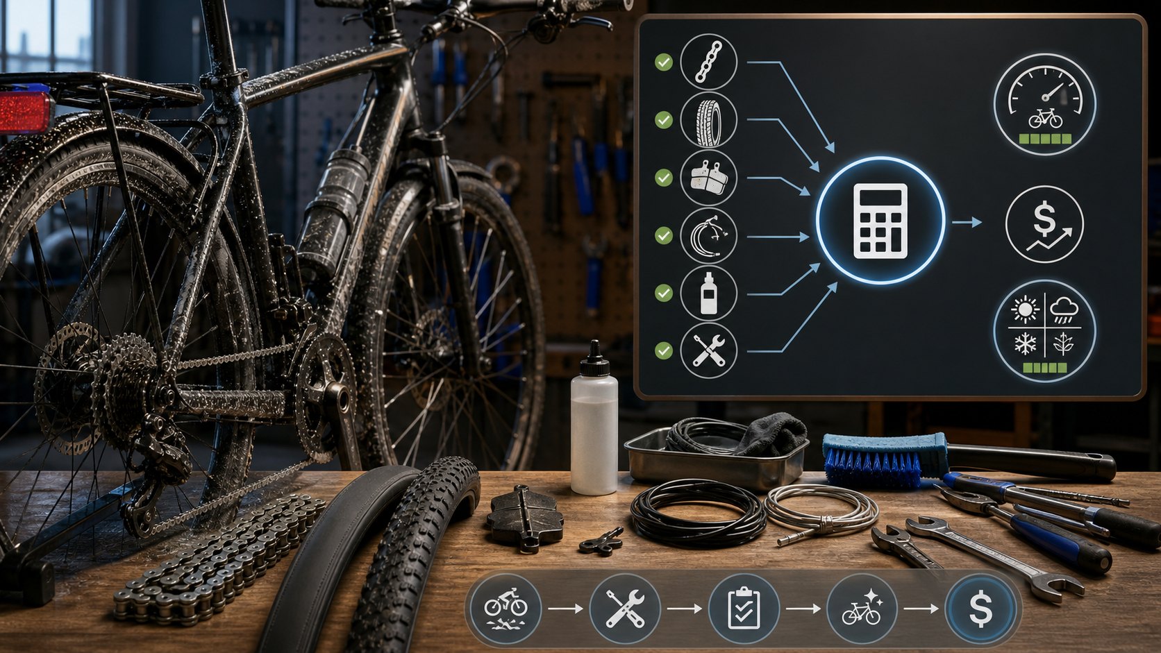 Bike workshop maintenance planning graphic with chain, tires, brake pads, cables, sealant, shop tools, and cost icons.