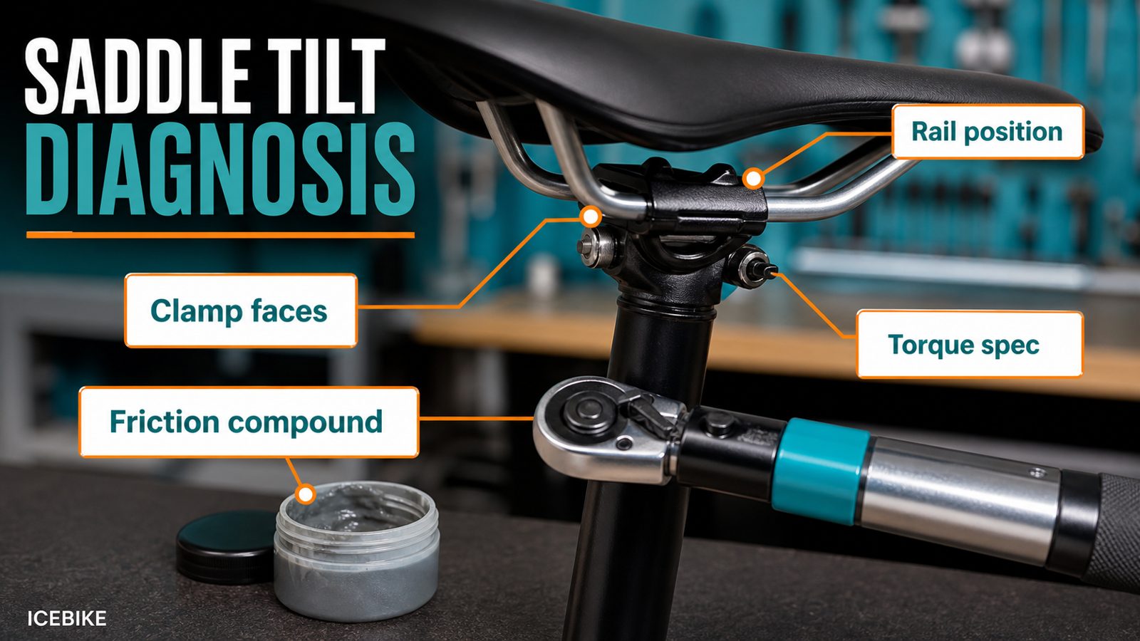 Bike saddle tilt troubleshooting visual showing rail position, clamp faces, torque spec, and friction compound.
