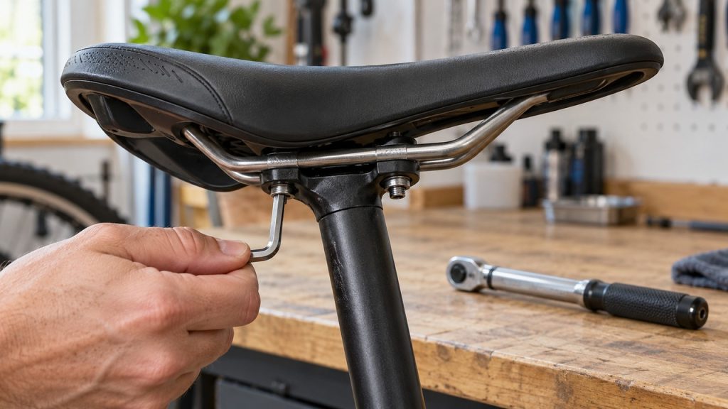 A hand holds a hex key in a bicycle saddle's two-bolt seatpost clamp, with the saddle nose tilted slightly upward and a torque wrench on the workbench nearby.