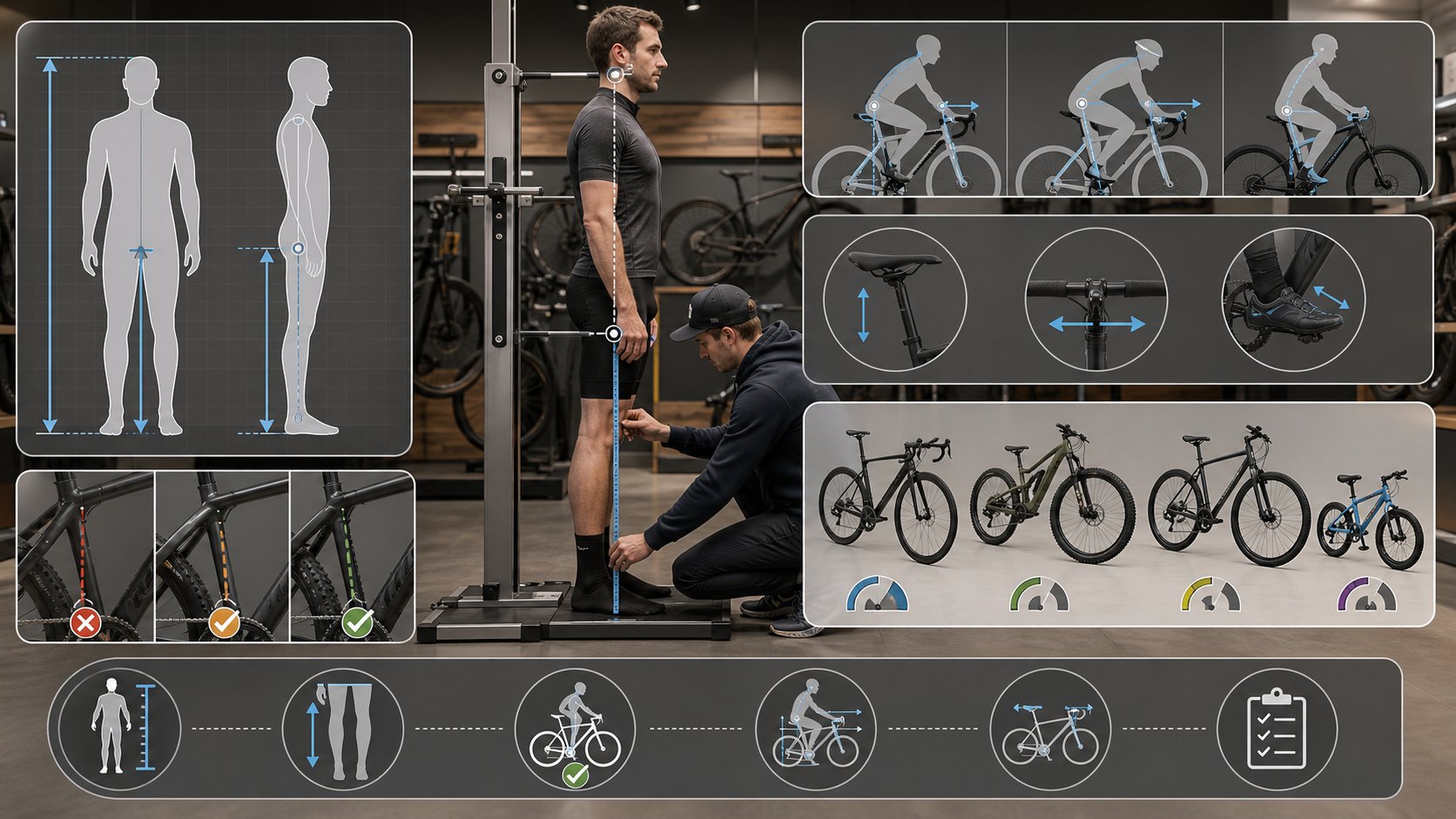 Bike size selection visual showing height, inseam, standover, reach, saddle position, and bike type differences.