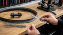Wheel building bench with rim, hub, spokes, and spoke measuring tool.