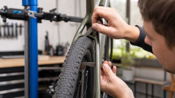 Rider measuring bicycle tire clearance near the frame and fork.