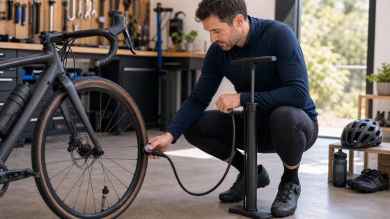 Cyclist checking bicycle tire pressure with a floor pump in a workshop.