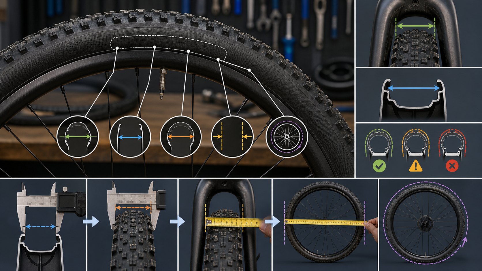 Bike tire size visual showing sidewall sizing, rim inner width, tire width, frame clearance, and rollout measurement.