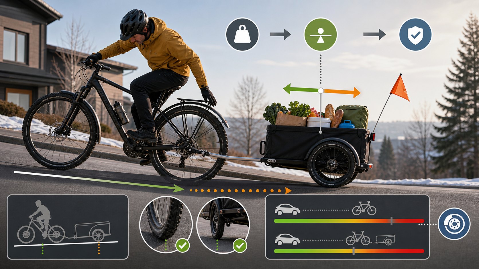 Cyclist towing a cargo bike trailer with load balance, braking, hill, and capacity planning icons.