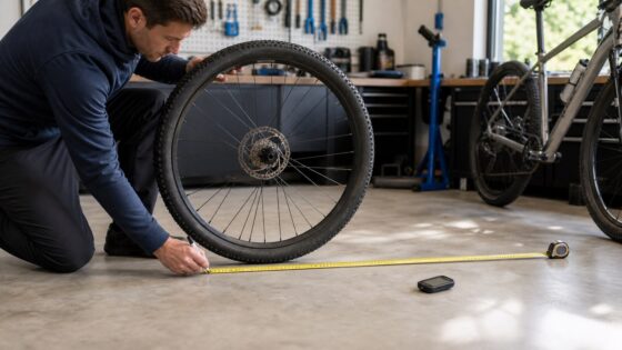 Cyclist measuring bicycle wheel rollout on a workshop floor.