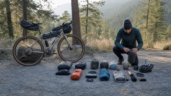 Bikepacking rider organizing loaded bike bags before a gravel ride.