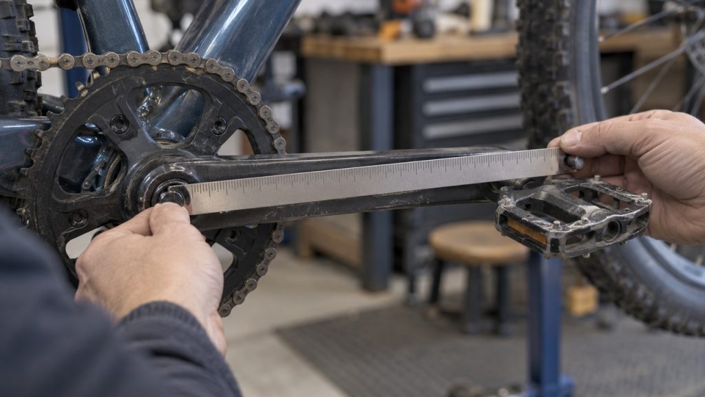 A metal ruler lies along a bicycle crank arm beside its attached platform pedal.