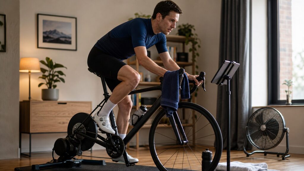 Cyclist training indoors on a bike trainer for FTP zones.