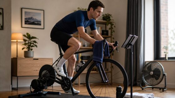 Cyclist training indoors on a bike trainer for FTP zones.