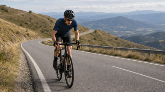 Road cyclist climbing a steady hill while estimating riding power.