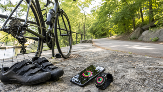Bicycle, cycling shoes, phone, and fitness watch beside a park path.