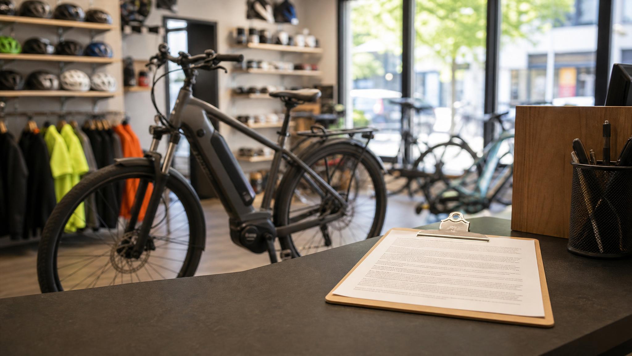 A generic e-bike in a bike shop beside a sales disclosure clipboard