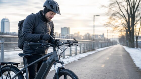 Winter e-bike rider checking battery range on a snowy bike path.