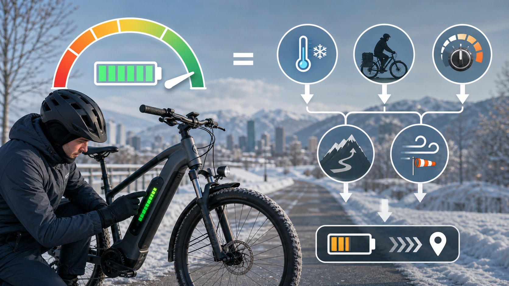 E-bike winter range planning graphic with battery, cold temperature, hills, wind, rider load, and assist-level icons.