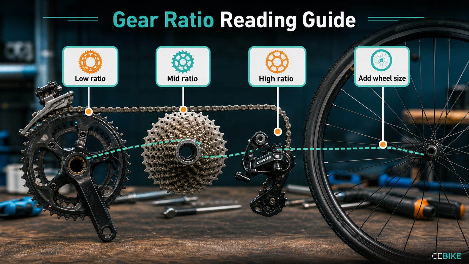 Bicycle gear ratio reading guide comparing low, middle, high ratios and wheel-size context.