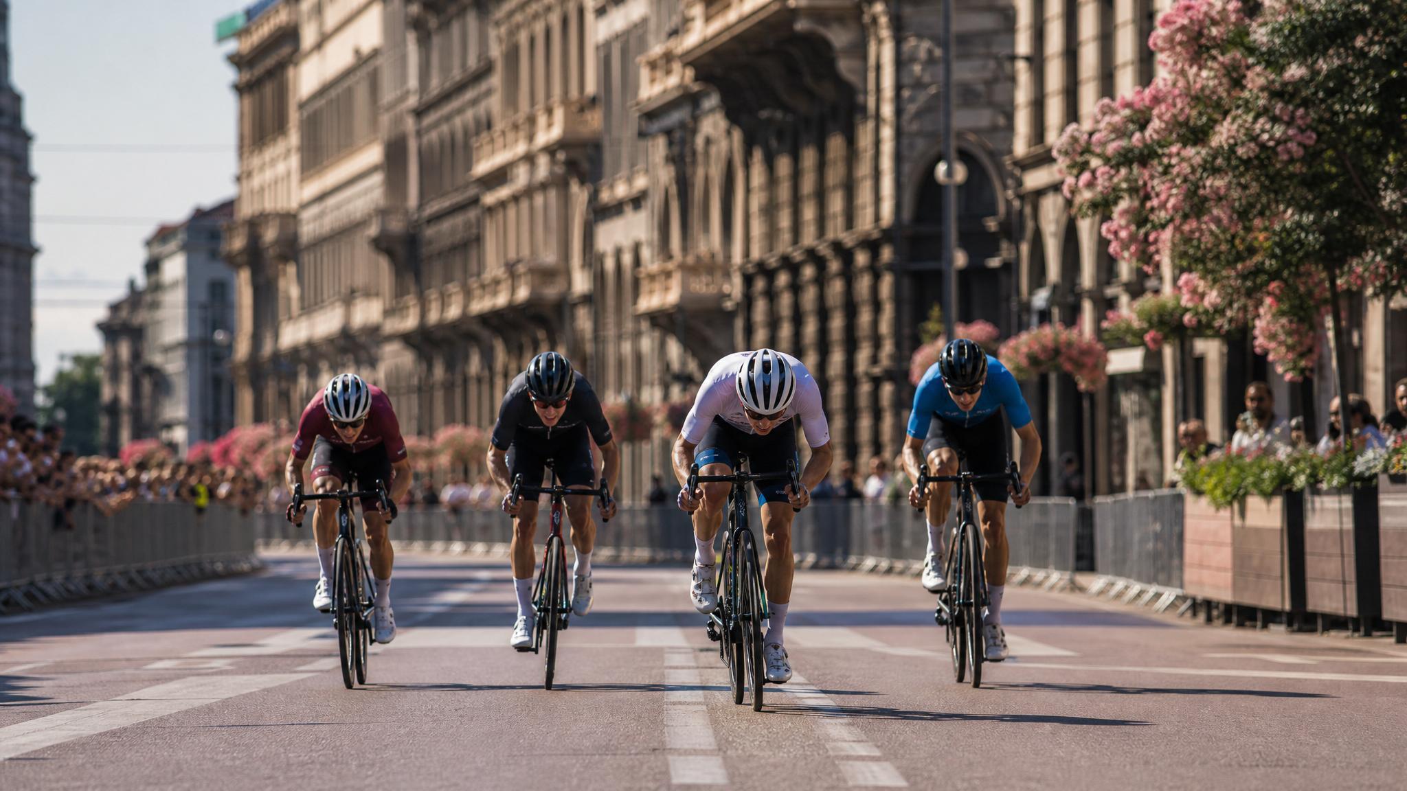 Road cyclists in a breakaway racing through a city boulevard