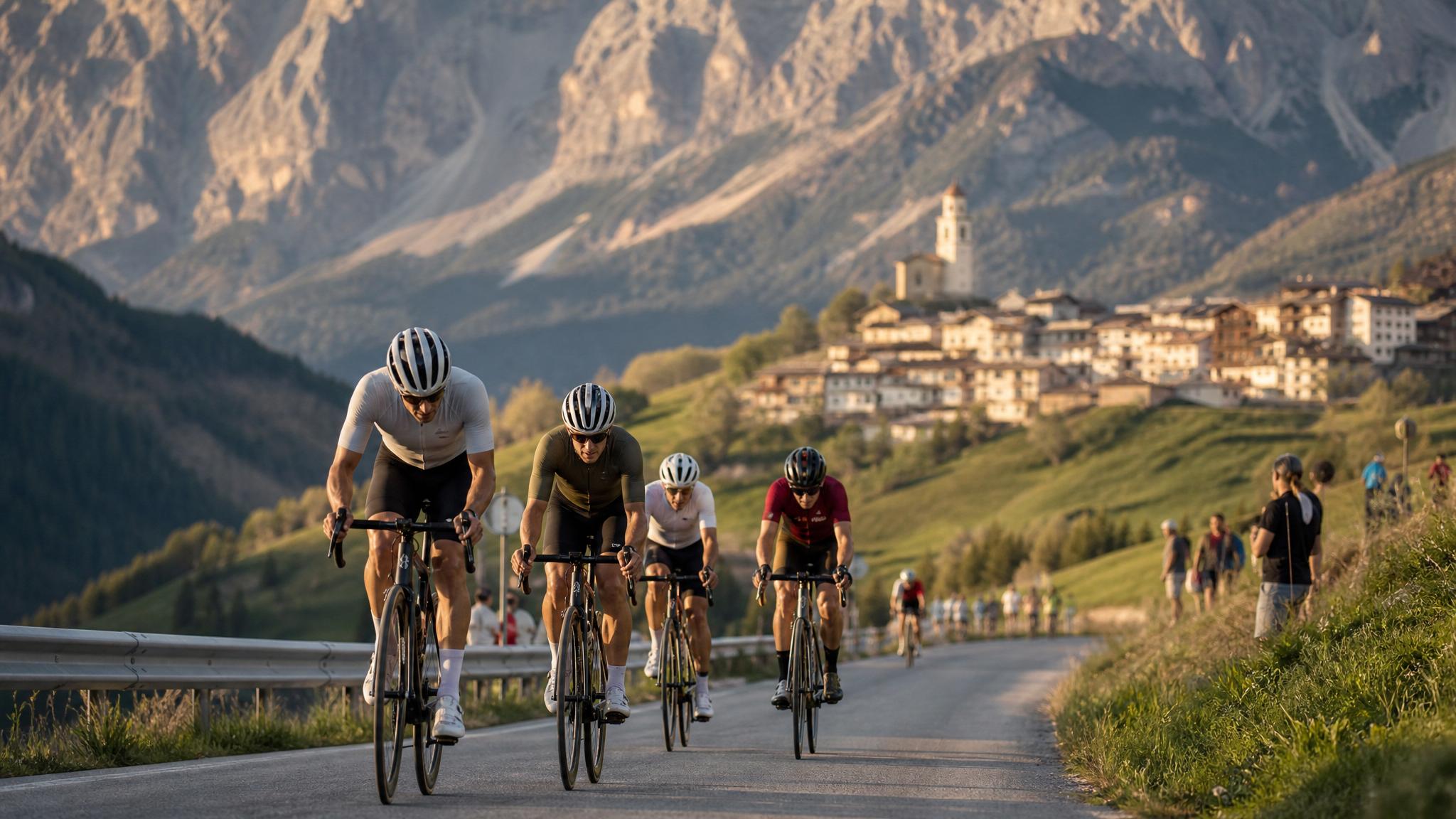 Generic road cyclists climbing an alpine road near a mountain village