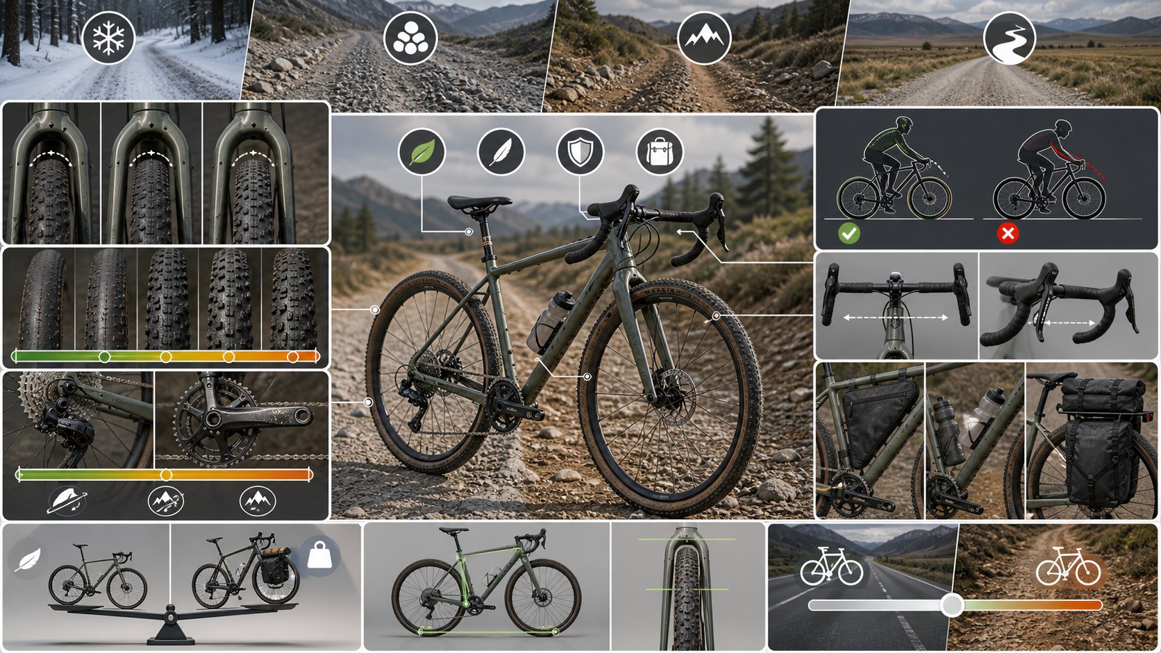 Gravel bike choice visual showing tire clearance, gearing, handlebar position, frame mounts, bags, and mixed-terrain riding.