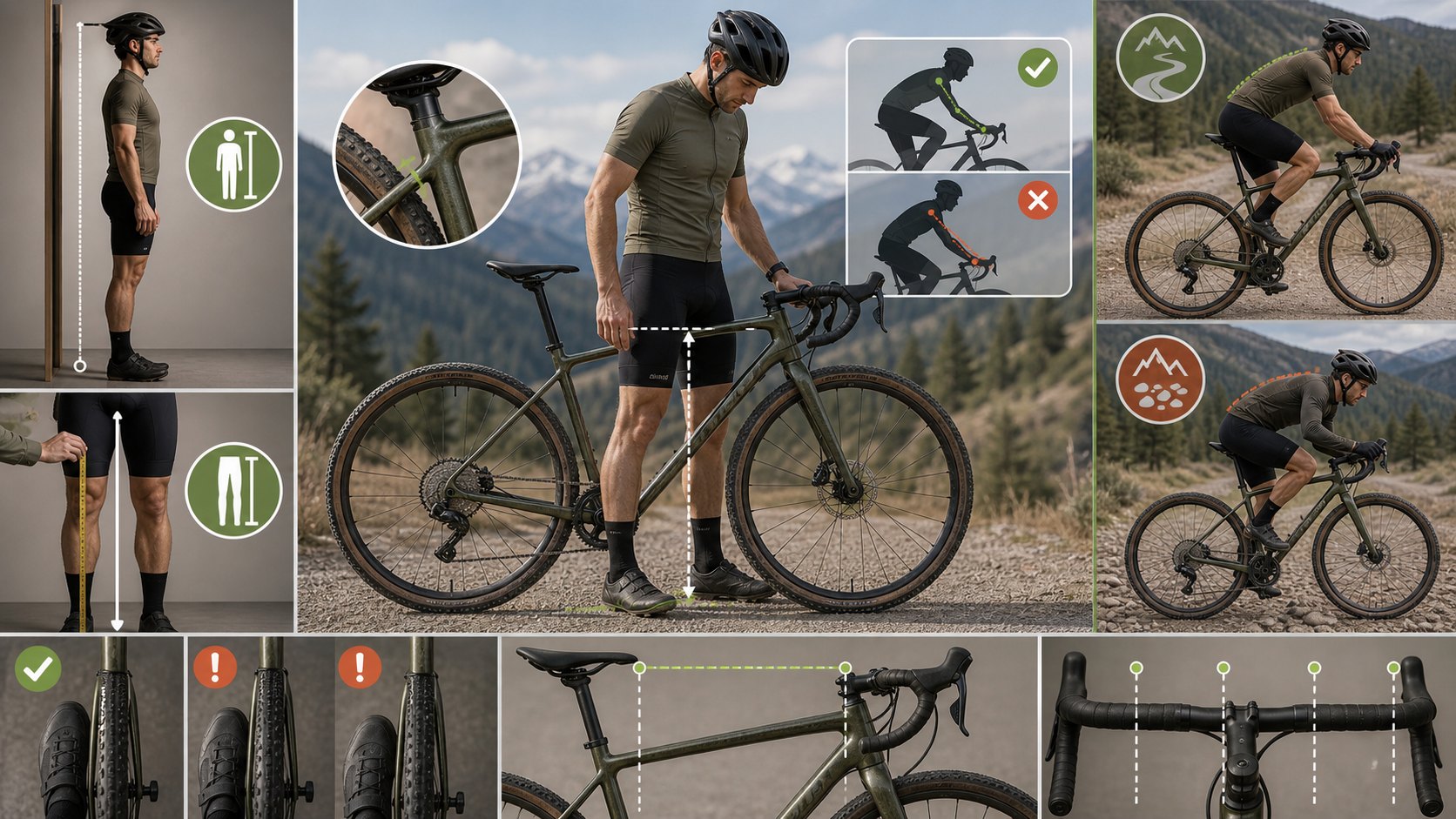 Gravel bike sizing visual showing rider inseam, standover, reach, handlebar comfort, and terrain fit checks.