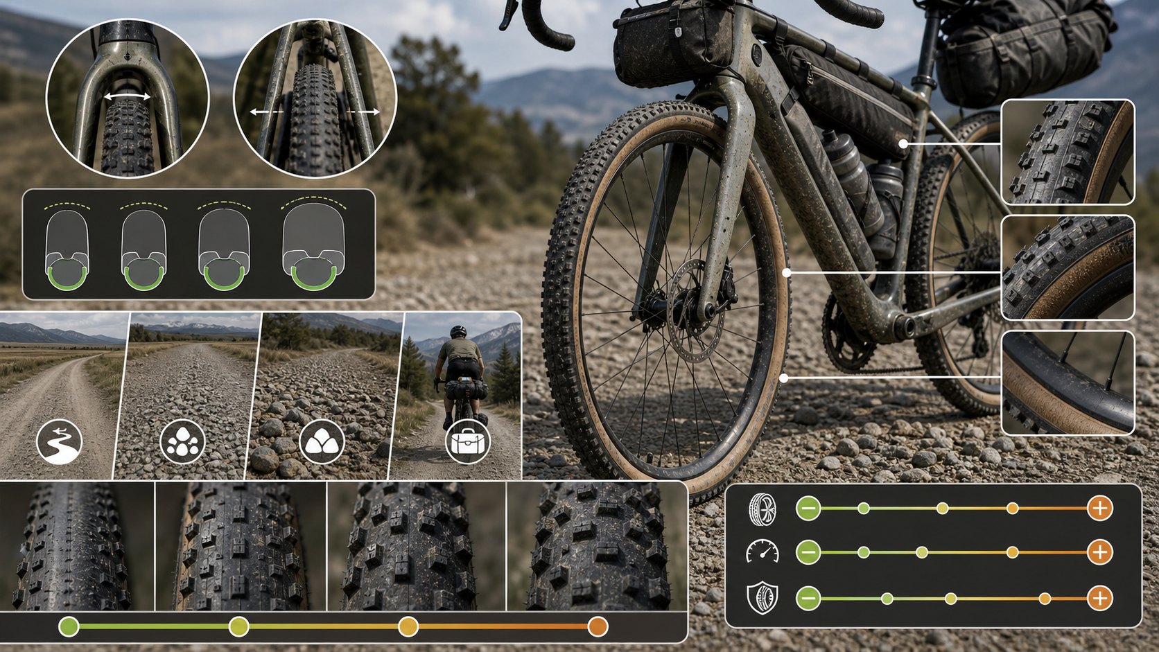 Gravel bike tire size visual showing frame clearance, tread options, mixed terrain, mud room, and loaded-bike setup.