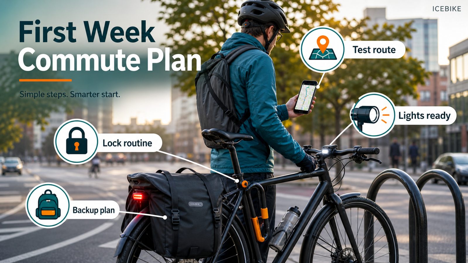 Bicycle commuting first-week checklist for route testing, lights, locking, and backup plans.